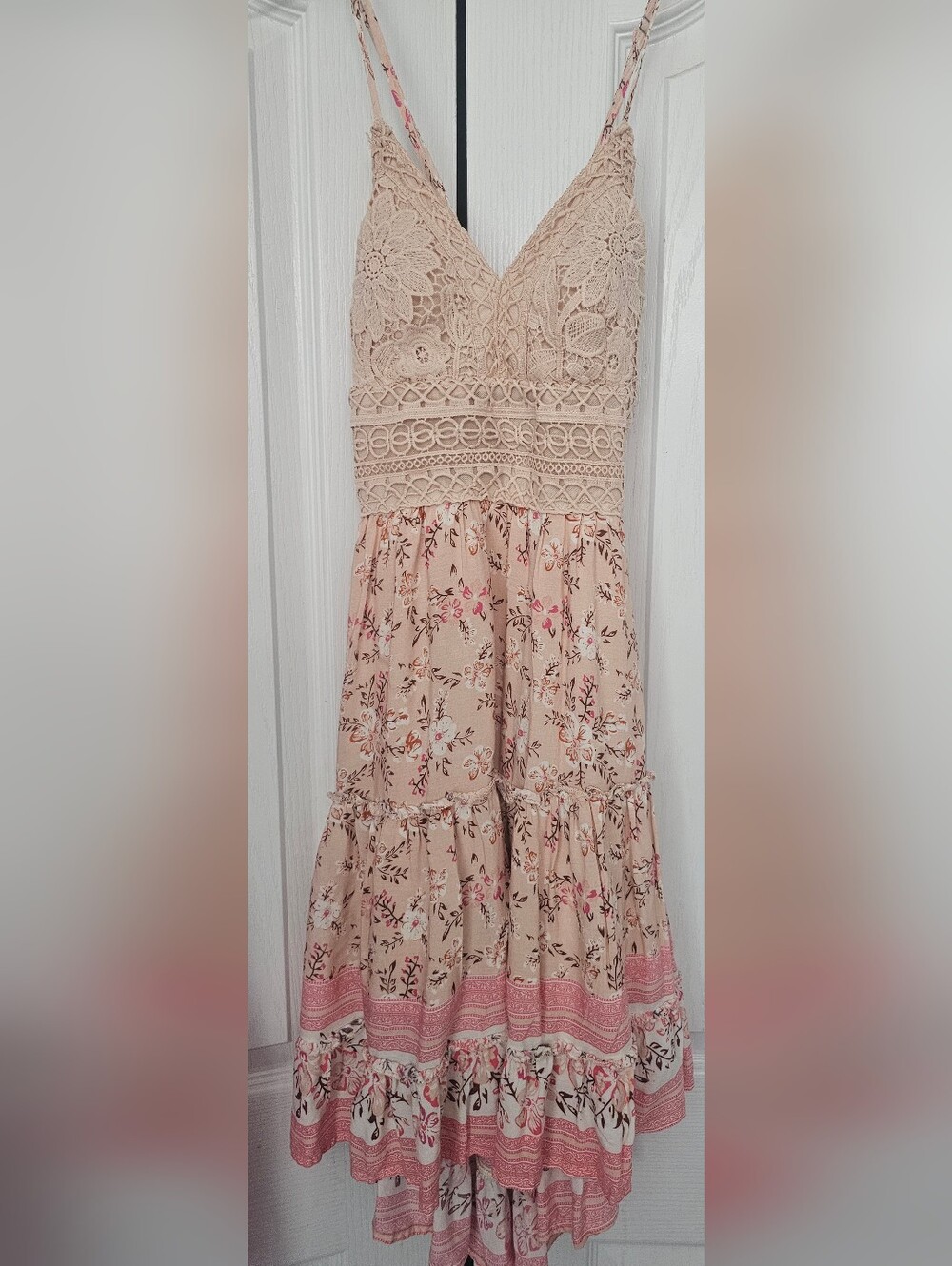 Southern Fried Chics Dress Lace-Detail Floral Sundress in Blush Pink Size Large